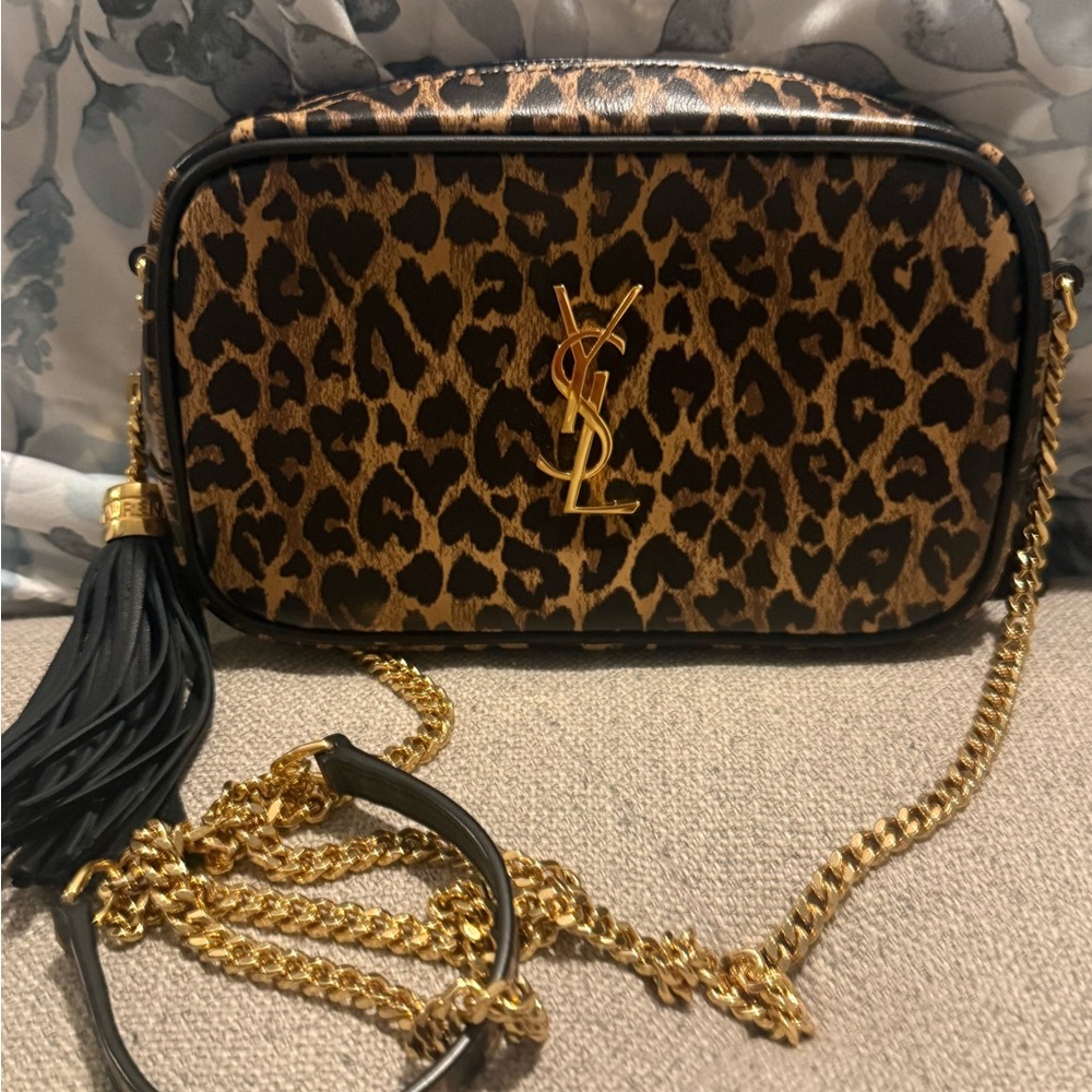 Yves Saint Laurent Animal Print Crossbody Bag with Gold Chain